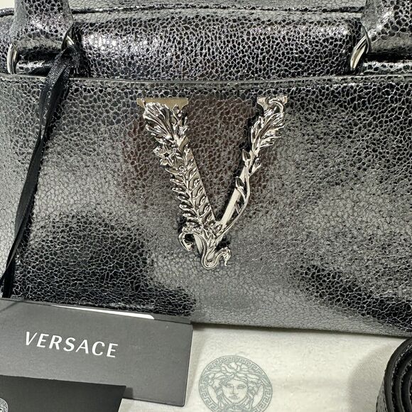 NWT Versace Virtus Black Metallic Textured Leather Top Handle Crossbody Bag - Picture 2 of 13